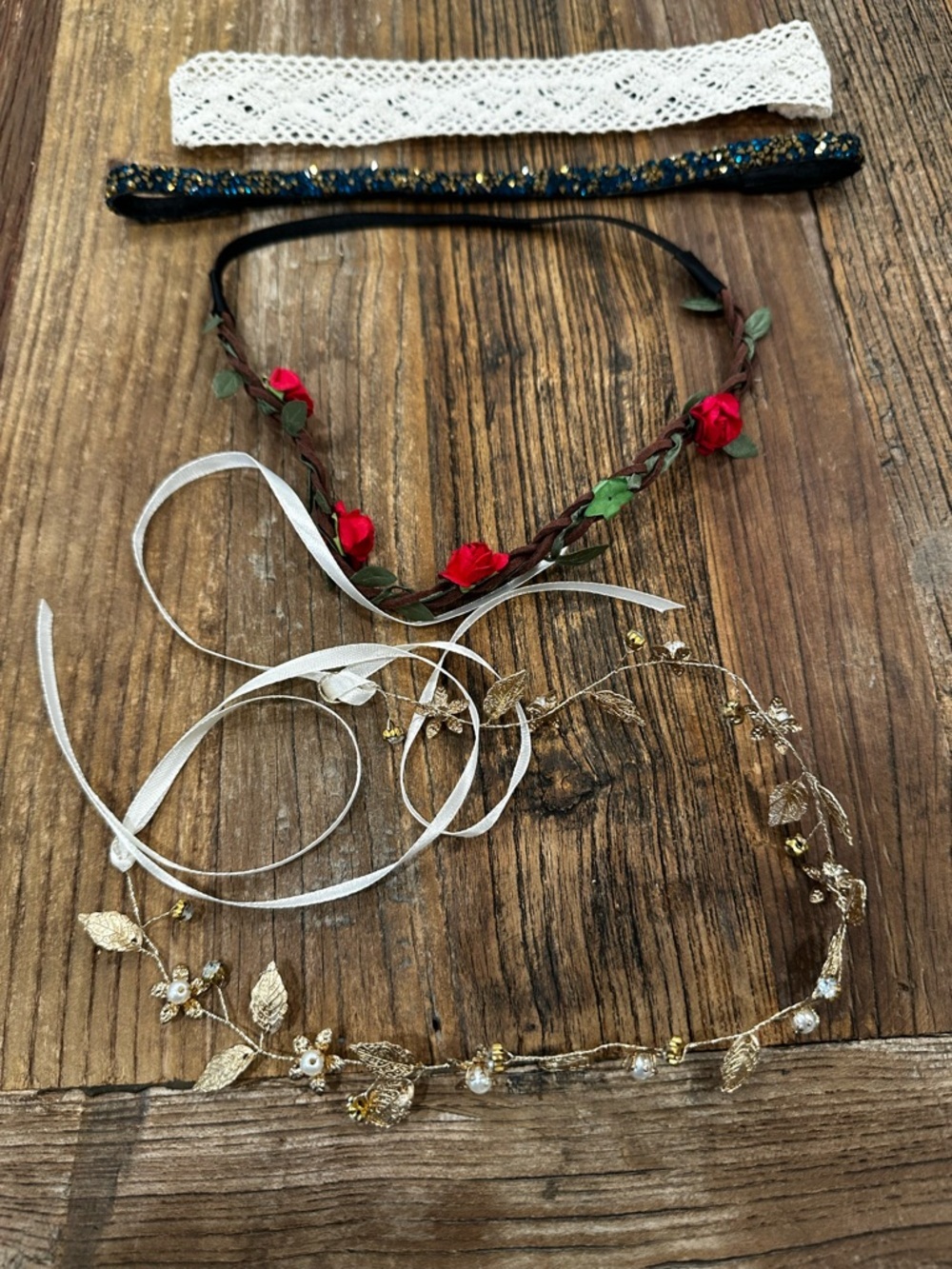 Boho Floral and Lace Headband Set - Red Rose & Gold Accent set of 4